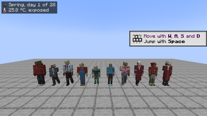 Historical developer lineup showing several clothed humanoid infected in a test area.