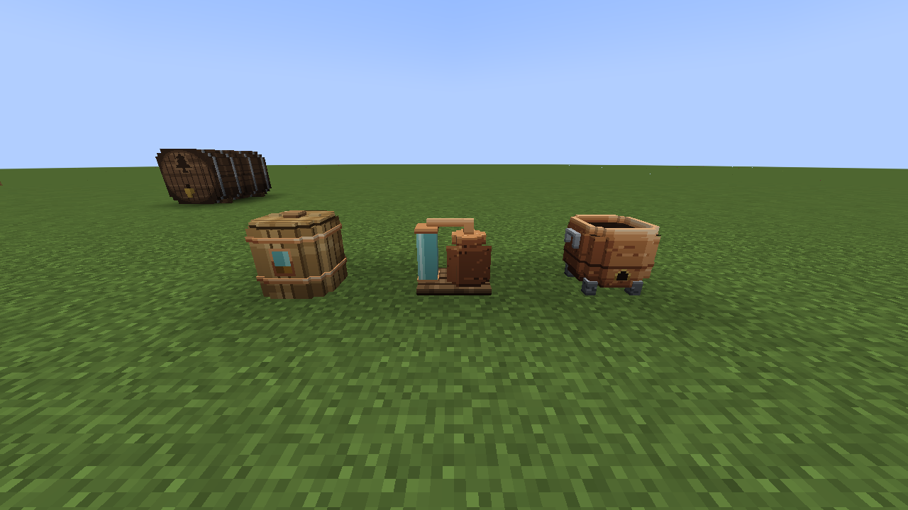Historical rev-5 workshop capture with the vat at left, Copper Still in the center and kettle at right.