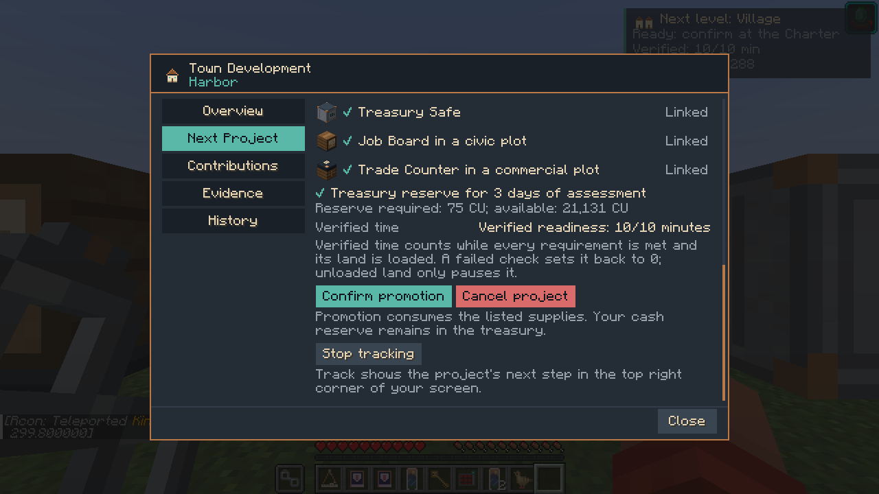 Historical Town Development screen showing a completed ten-minute Village readiness hold.