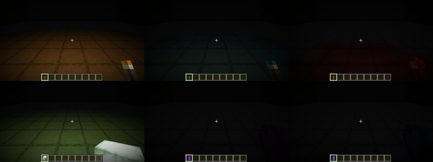 Six historical comparisons show warm torch, blue soul torch, redstone torch, green froglight, purple candle and blue candle lighting