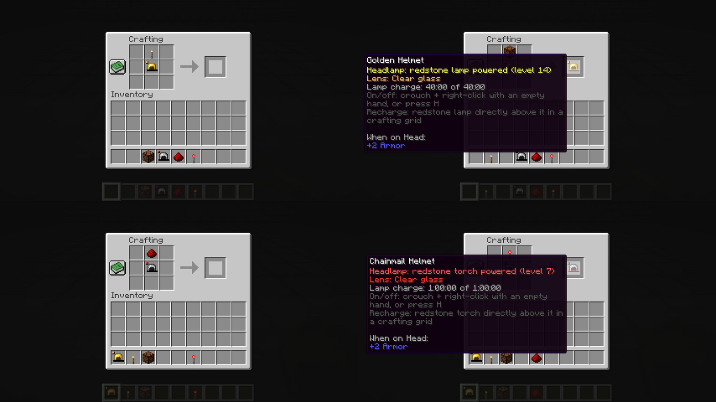 Historical crafting screens show invalid torch and redstone-dust recharges on the left and valid family-specific recharges on the right